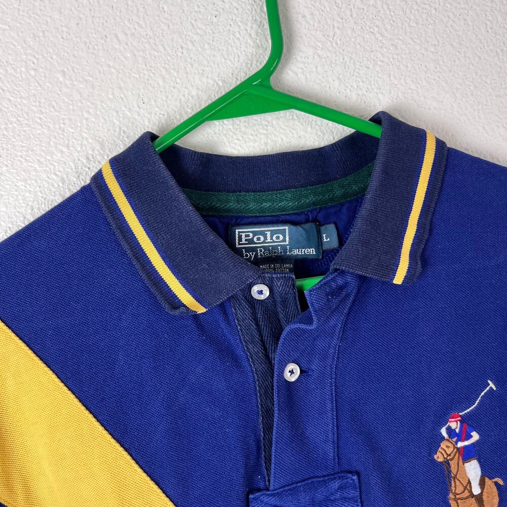 Polo Ralph Lauren Blue Yellow Stripe Big Pony Polo Shirt Classic Fit Size L - Picture 5 of 8
